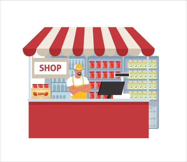 Jam store, flat vector illustration. Supermarket, grocery store canned fruits section. Retail shop small business. — Stock Vector