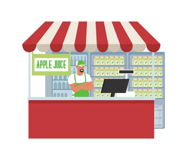 Saftladen, flache Vektorabbildung. Supermarkt, Lebensmittelgeschäft Getränkeabteilung. Einzelhandel Kleinunternehmen. — Stockvektor