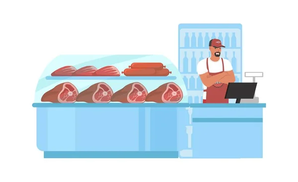 Negozio di carne, mercato alimentare della fattoria. Supermercato, negozio di alimentari sezione carne. Macelleria, illustrazione vettoriale. — Vettoriale Stock