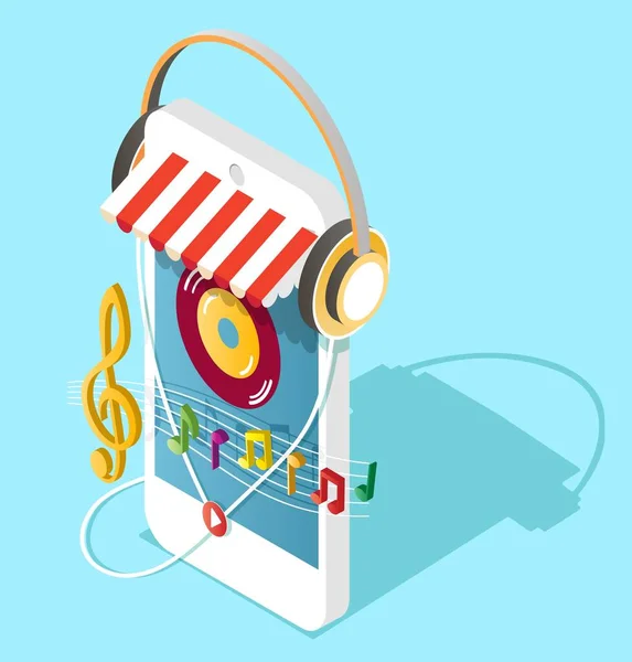 Boutique de musique en ligne, illustration isométrique vectorielle. Smartphone avec écouteurs et notes de musique. — Image vectorielle