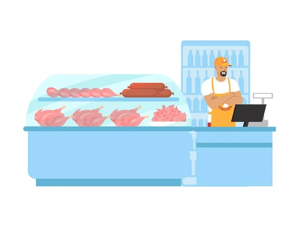 Κατάστημα κρέατος πουλερικών, αγορά γεωργικών τροφίμων. Σούπερ μάρκετ, τμήμα κρέατος παντοπωλείου. Χασάπηδες κατάστημα, διανυσματική απεικόνιση. — Διανυσματικό Αρχείο