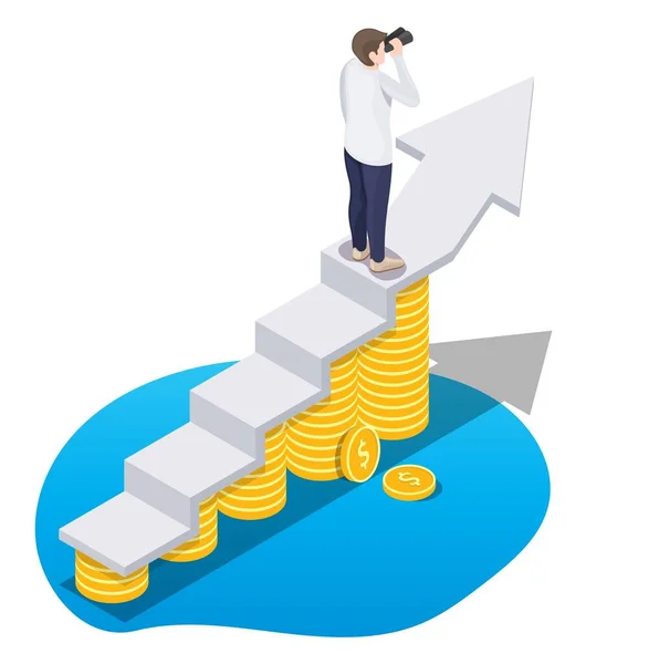 Businessman standing on revenue growth increasing graph, flat vector isometric illustration. Income, profit. — Stock Vector