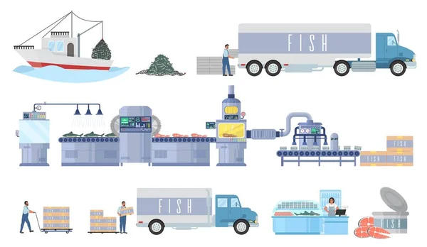 Seafood production process vector infographic. Commercial fishing industry. Fish factory processing line. Distribution. — Stock Vector