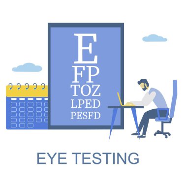 Çevrimiçi göz testi çizelgesi. Evden görüşü test eden adam, düz vektör çizimi. Çevrimiçi görme ve görme kontrolü.