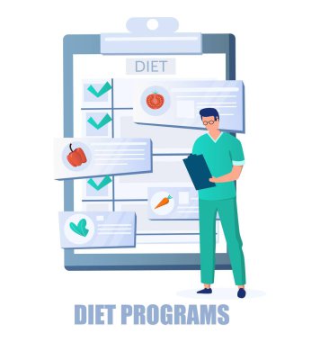 Doktor diyetisyen diyet programı, vektör çizimi. Kilo verme programı, sağlıklı beslenme, uygun beslenme.