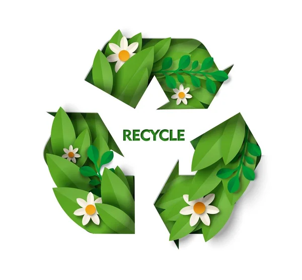 Sinal de reciclagem com folhas e flores, ilustração de corte de papel vetorial. Símbolo ecológico de reutilização e reciclagem de resíduos. — Vetor de Stock