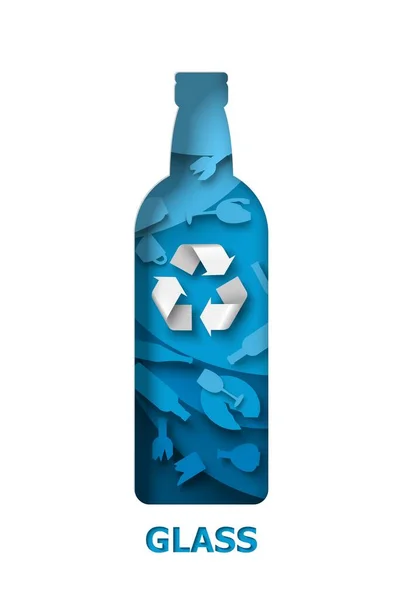 Recicle garrafa de vidro com lixo de vidro e sinal de material reciclável, ilustração de corte de papel vetorial. Reutilização, reciclagem. — Vetor de Stock