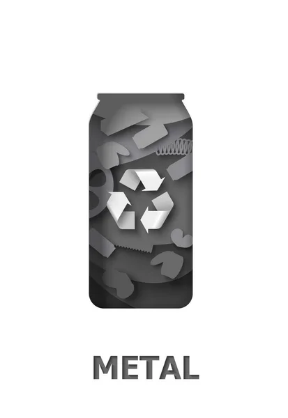 Recicle lata de alumínio com lixo de metal e sinal de material reciclável, ilustração de corte de papel vetorial. Reutilização, reciclagem. — Vetor de Stock