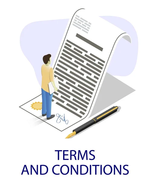 Businessman reading contract, flat vector isometric illustration. Terms and conditions. Agreement checking and signing. — Vettoriale Stock
