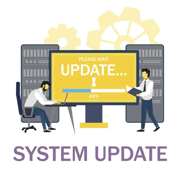 System administrators updating operation system. Software installation, computer system upgrade or maintenance, vector. — 图库矢量图片