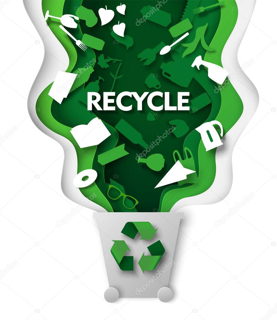 Trash can with plastic garbage and green recycle sign, vector illustration in paper art craft style. Waste reuse and recycle. Save environment.