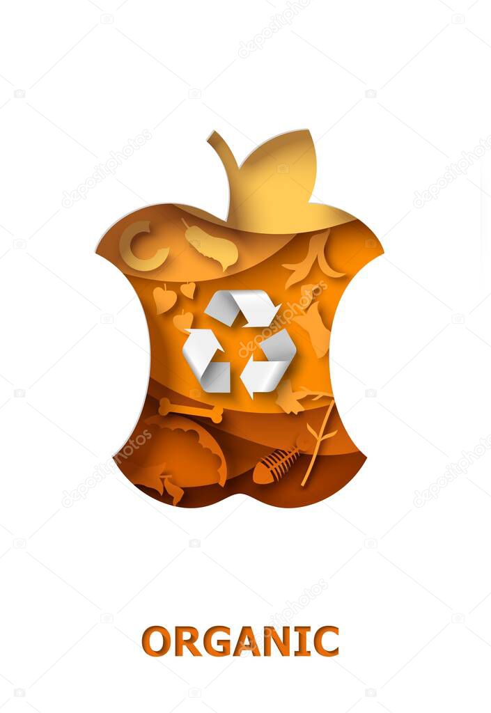 Bitten apple with organic food waste and recycle sign, vector illustration in paper art style. Composting, other reuse of biodegradable waste.