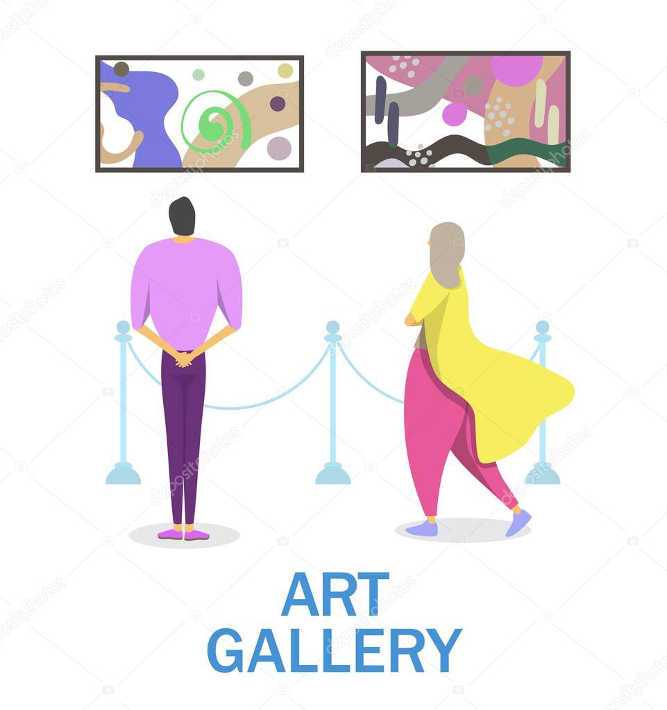Art gallery, museum exhibition, vector illustration. People viewing modern abstract art painting on wall. Cultural event