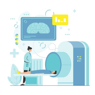 MRI testi, tomografi prosedürü, vektör illüstrasyonu. Manyetik rezonans görüntüleme. MRI tarayıcı, makine.