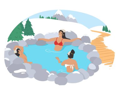 İnsanlar kışın termal kaplıca havuzunun keyfini çıkarıyorlar. Dağ Onsen, Japon doğal kaplıcası, vektör.