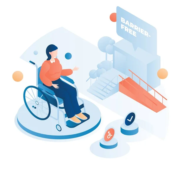 Isometric woman in wheelchair in front of multistorey house building with access ramp. Barrier free environment, vector. — Stock Vector