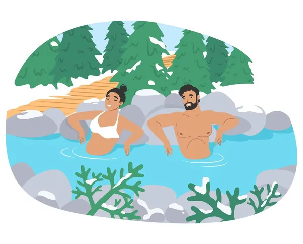Persone che godono di piscina termale all'aperto, illustrazione vettoriale piatta. Onsen, località termale naturale giapponese. — Vettoriale Stock