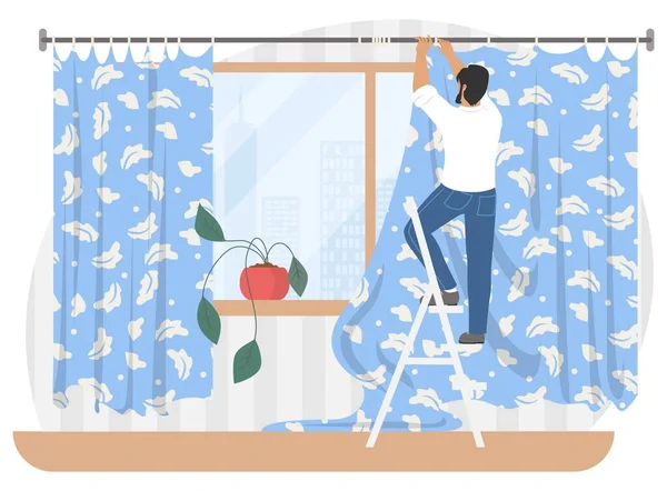 Mann hängt Vorhänge an Fenster, die auf Leiter stehen, Vektorillustration. Hausarbeit, Hausarbeit, Hauswirtschaft. — Stockvektor