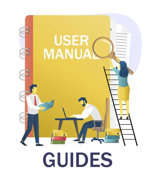 People reading guidebook, writing guidance, advices, instruction manual, vector illustration. User guide, user manual. — Stock Vector