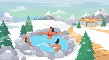 İnsanlar kışın termal kaplıca havuzunun keyfini çıkarıyorlar. Dağ Onsen, Japon doğal kaplıcası, vektör.