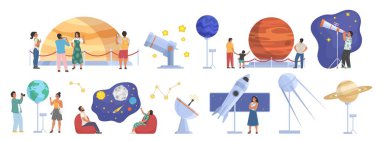 Planetaryum, uzay müzesi sahneleri. İnsanlar gökyüzüne, gezegenlere, yıldızlara, gök cisimlerine, rehberlere, vektörlere bakıyorlar..