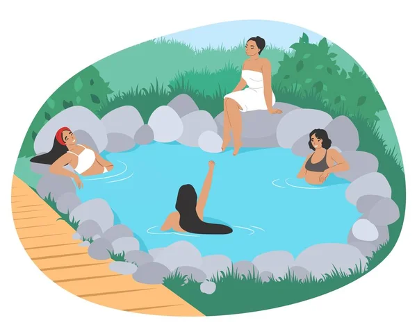 People enjoying outdoor thermal spa water pool, flat vector illustration. Onsen, japanese natural hot springs resort. — 图库矢量图片