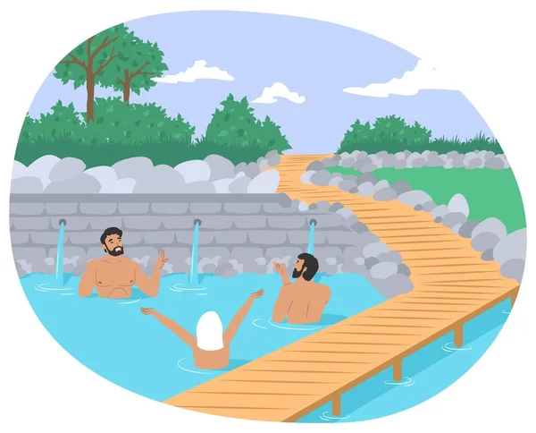 Persone che godono di piscina termale all'aperto, illustrazione vettoriale piatta. Onsen, località termale naturale giapponese. — Vettoriale Stock