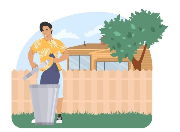 Mann wirft Müllsack in Mülleimer, Vektor-Illustration. Hausarbeit, Hausarbeit, Hauswirtschaft. — Stockvektor