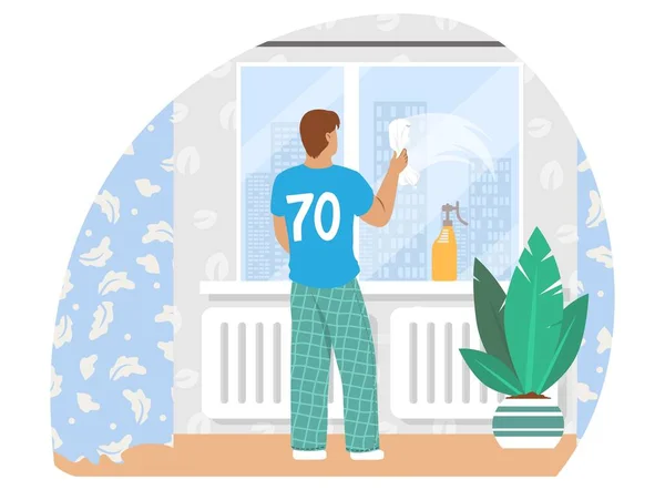 Homme lavant fenêtre dans le salon, illustration vectorielle. Travaux ménagers, tâches ménagères, ménage, ménage. — Image vectorielle