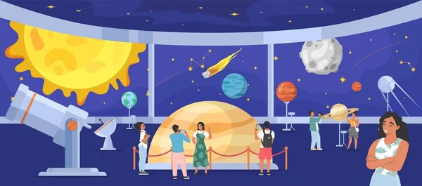 Planétarium, musée de l'espace. Les gens regardant le ciel nocturne avec des planètes, des étoiles, des corps célestes, écoutant le guide, le vecteur — Image vectorielle