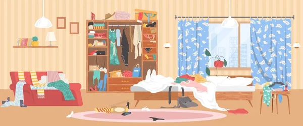 Unordentliches Schlafzimmer mit verstreuten Sachen, weibliche Kleidung im Kleiderschrank, auf Bett, Sofa, flache Vektorillustration. Chaos, Unordnung. — Stockvektor