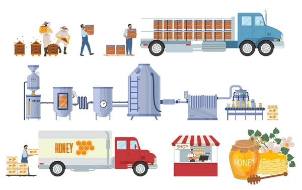 Infográfico vetorial de produção de mel. Colheita. Linha de processamento de fábrica, distribuição, venda, consumo. Indústria alimentar. —  Vetores de Stock