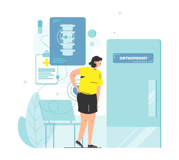 Patient suffering from back pain in doctor orthopedist office, vector illustration. Backache. Traumatology, orthopedics. — Stock Vector