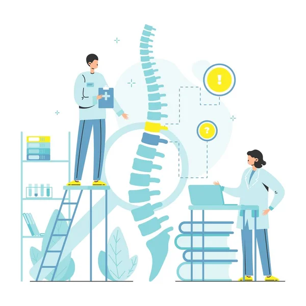 Doctor osteopath male female characters examining human spine skeleton. Osteopathy, chiropractic. Manual therapy, vector — Stock Vector