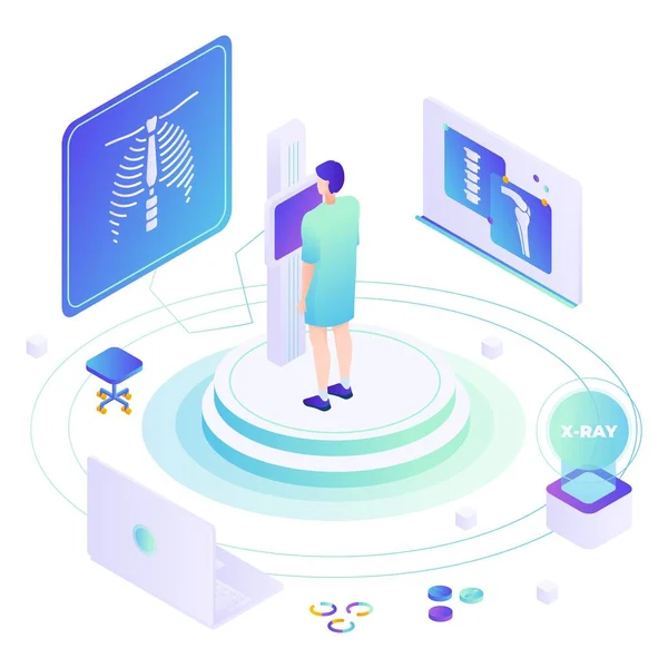 Fluorographie, radiographie pulmonaire, illustration isométrique vectorielle plate. Roentgen photographie, radiographie, bilan pulmonaire. — Image vectorielle