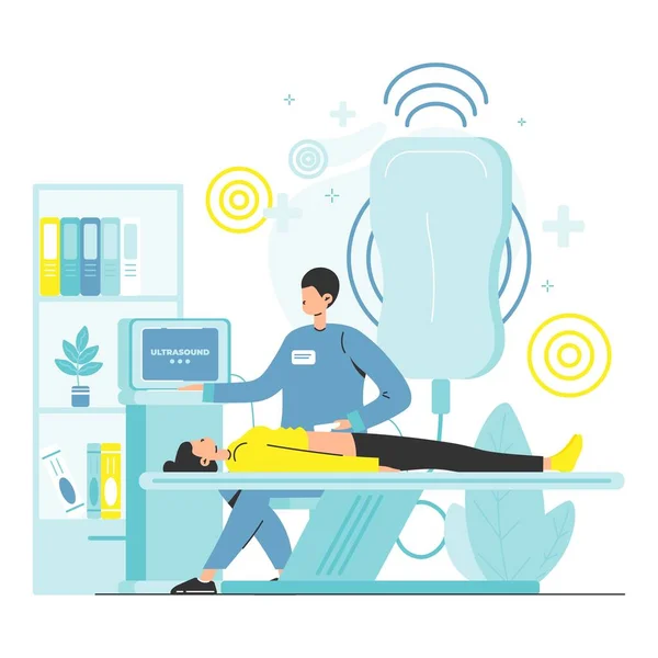 Médico haciendo diagnósticos de ultrasonido abdominal a paciente mujer acostada en cama médica, ilustración vectorial plana. — Archivo Imágenes Vectoriales