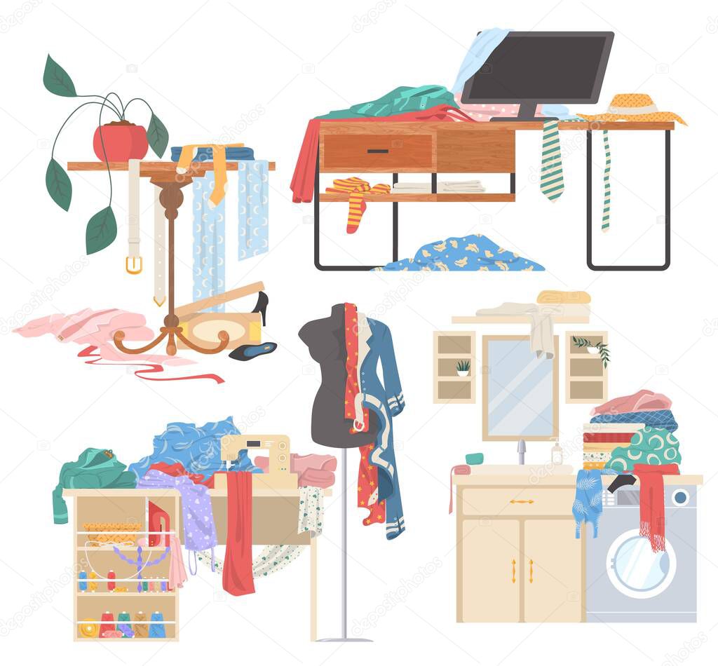 Scattered clothes, female stuff on desk, on washing machine, on table, vector isolated illustration. Mess, disorder.