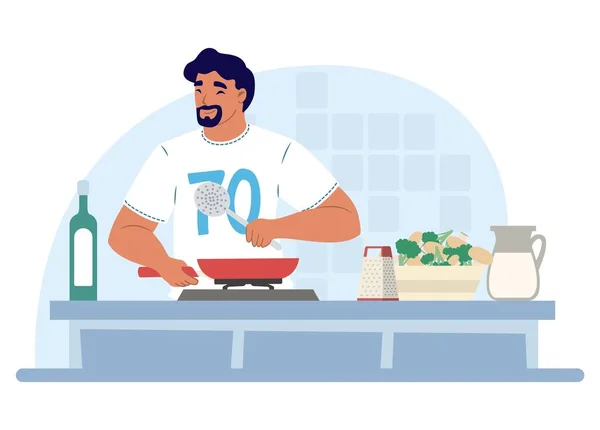 Uomo cucinare cibo, preparare la cena in cucina, illustrazione vettoriale. Lavori domestici, faccende domestiche, pulizia, hobby. — Vettoriale Stock