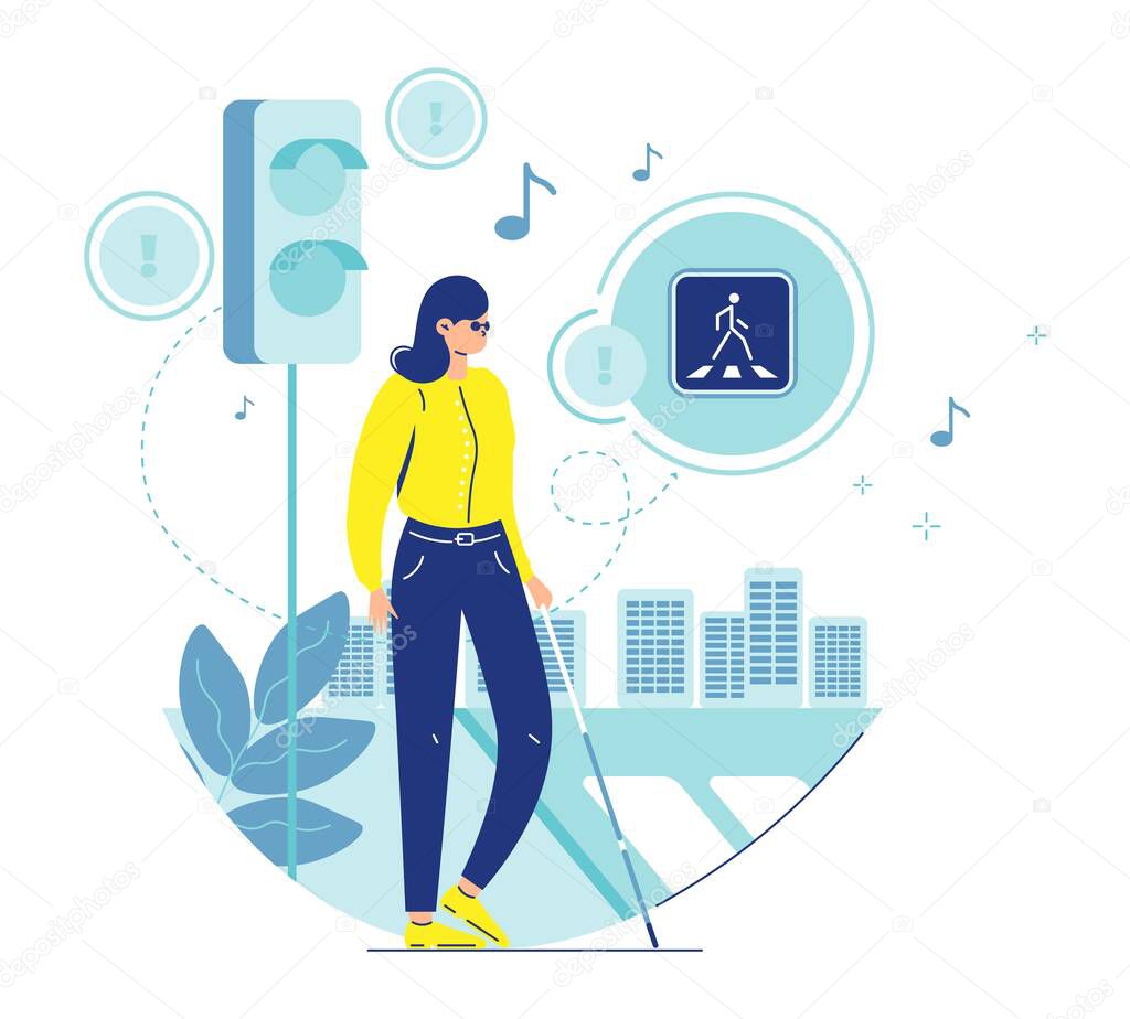 Blind woman with cane crossing street at accessible lights and crosswalk. Barrier free environment, vector illustration.