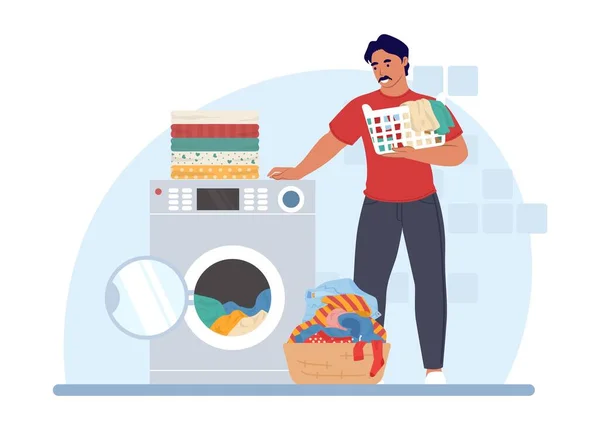 Homem lavando roupa na máquina de lavar roupa, ilustração vetorial. Trabalho doméstico, tarefas domésticas, limpeza. —  Vetores de Stock