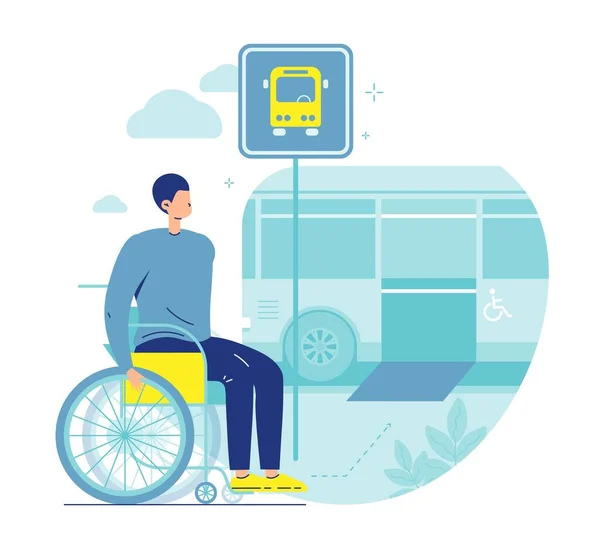 Giriş rampası olan tekerlekli sandalyedeki otobüs şoförü. Toplu taşıma erişimi. Bariyersiz ortam, vektör. — Stok Vektör