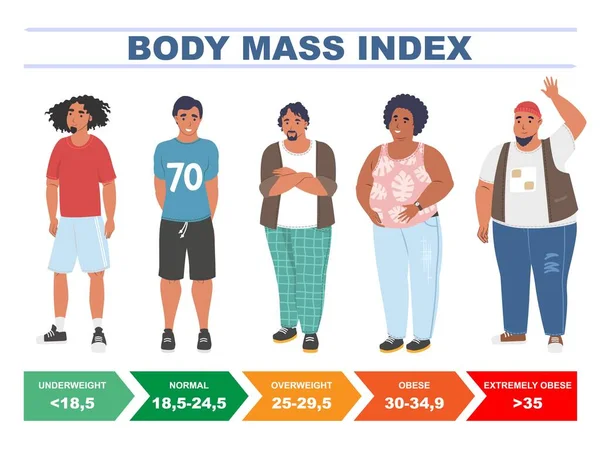 BMI pro muže. Graf indexu tělesné hmotnosti založený na výšce a hmotnosti, plochý vektorový obrázek. — Stockový vektor