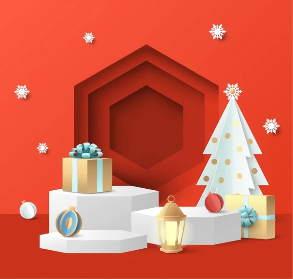 Εμφάνιση podium mockup set, κουτιά δώρου. Κόκκινο χαρτί κομμένα Χριστούγεννα στούντιο για δώρο, διαφήμιση καλλυντικών προϊόντων, διάνυσμα. — Διανυσματικό Αρχείο