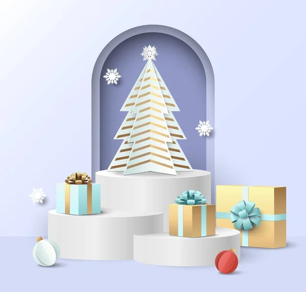 Vector paper cut Christmas scene with display podiums for winter holidays gifts, cosmetic products advertising. — Stock Vector
