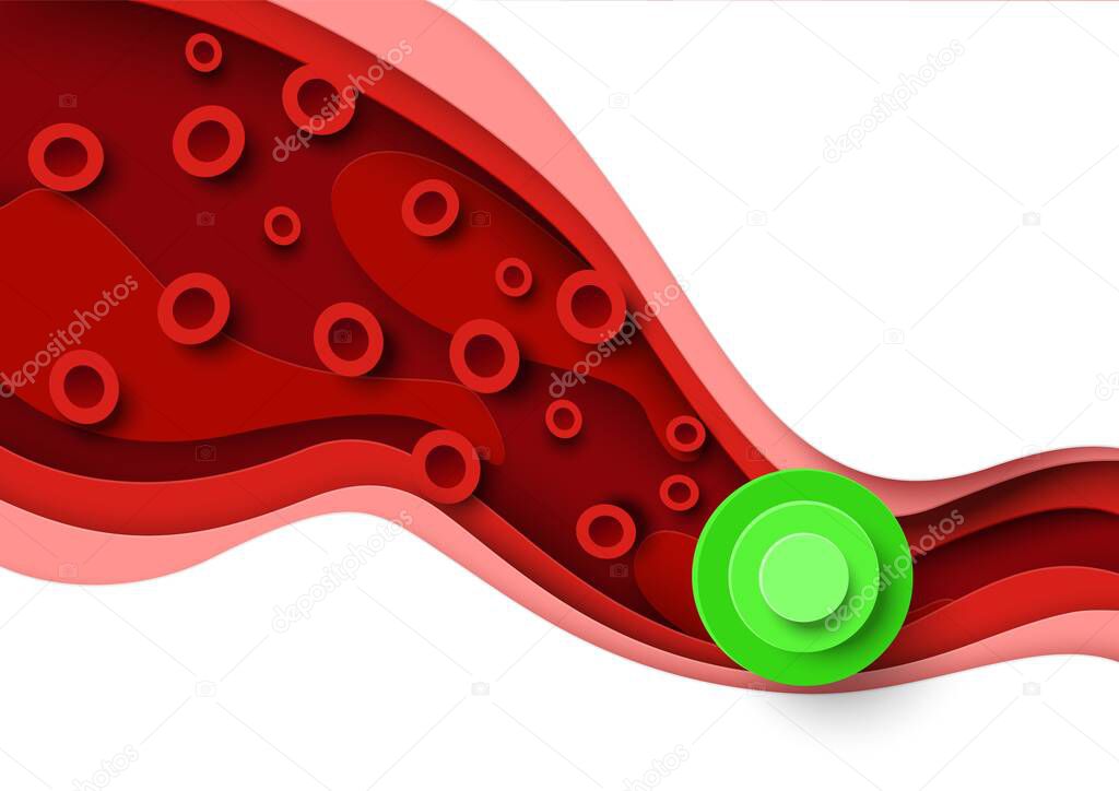 Cholesterol in blood, vector paper cut illustration. High cholesterol, health risk for heart disease and stroke.