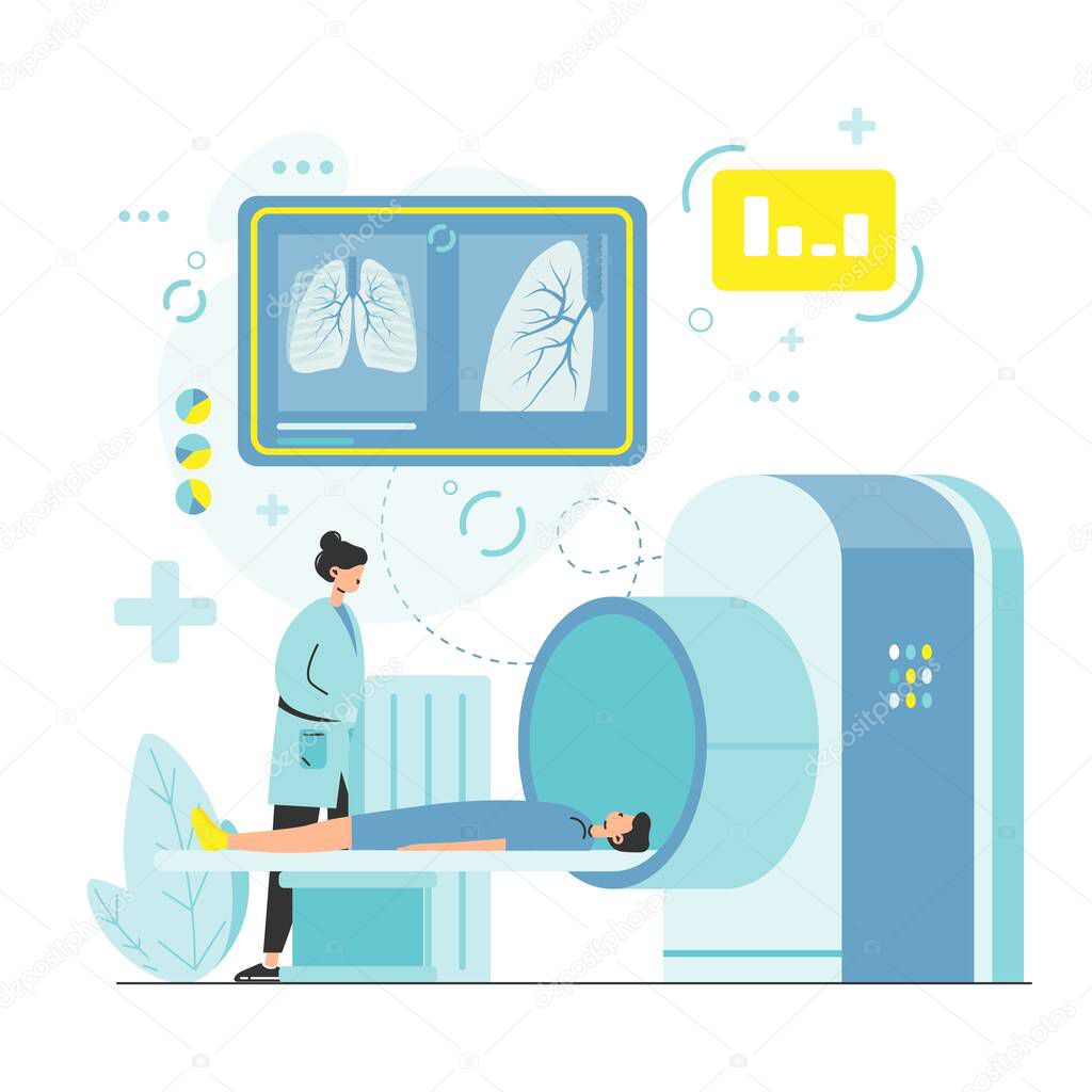 CT scan of chest, vector illustration. X-ray computed tomography test of patient lungs. Pulmonology diagnostics.