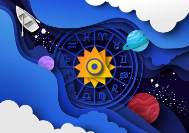 Burç işaretli Zodiac tekerleği, Güneş, gezegenler, yıldızlı gökyüzü, vektör kağıdı kesiği illüstrasyonu. Samanyolu Galaksisi. Astroloji.