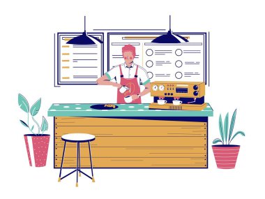 Coffee shop counter, barista making hot drink, vector illustration. Coffee house, bar, restaurant, cafe small business.