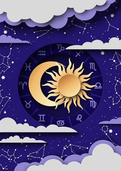 Círculo del zodíaco con signos del horóscopo, el Sol, la Luna y las constelaciones, ilustración de corte de papel vectorial. Cartel de astrología. — Archivo Imágenes Vectoriales