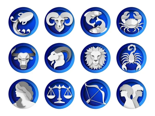 Segni zodiacali, simboli dell'oroscopo, illustrazione del taglio della carta vettoriale. Dodici segni astrologici. Previsioni astrologiche. — Vettoriale Stock
